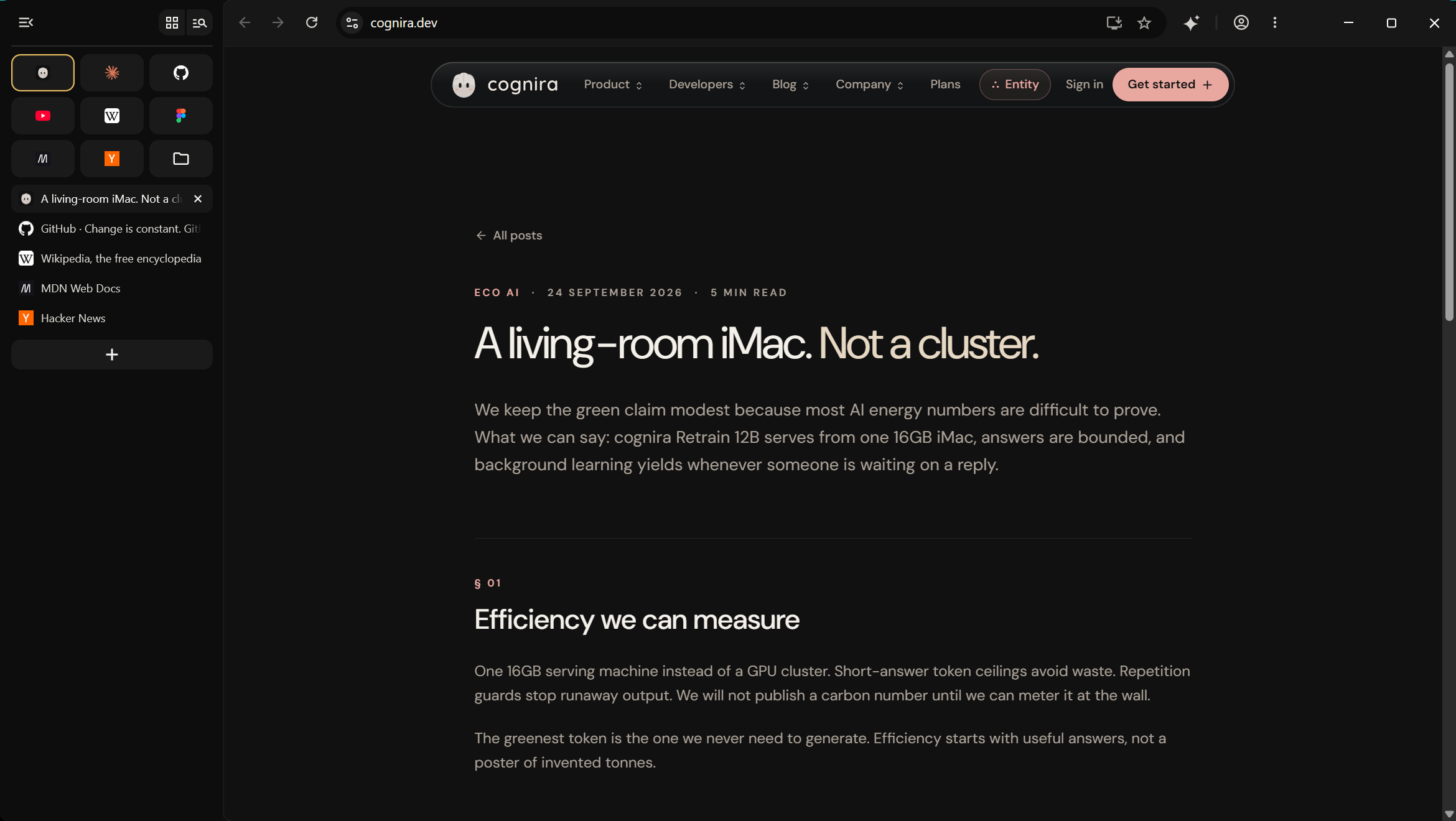 exceeder on cognira.dev: favorites as gold-ringed tiles and tabs down the side, the address bar showing just the site