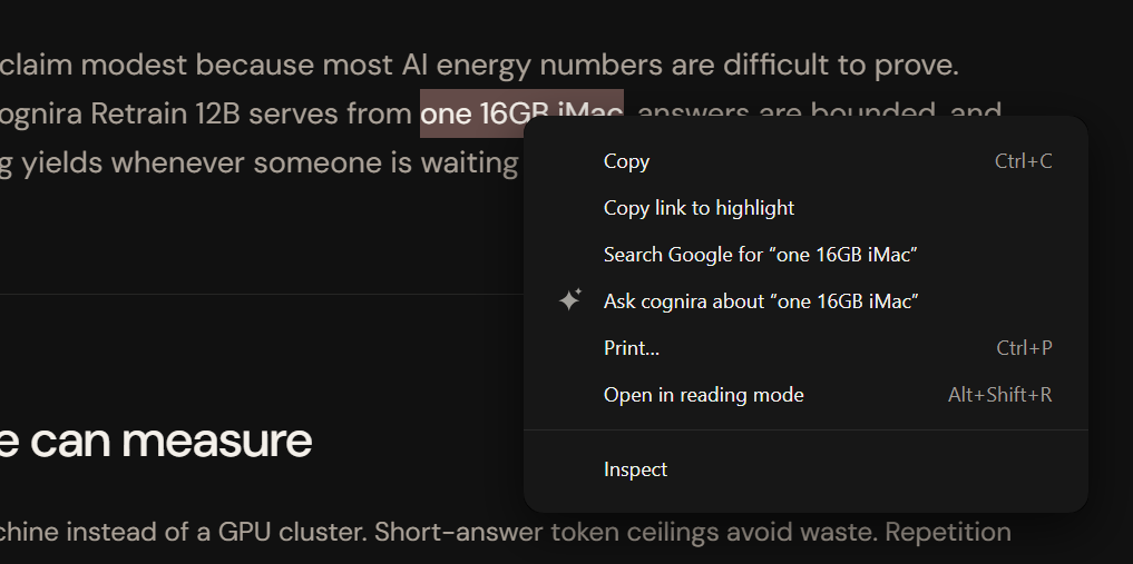 exceeder’s right-click menu with Ask cognira about the selected text