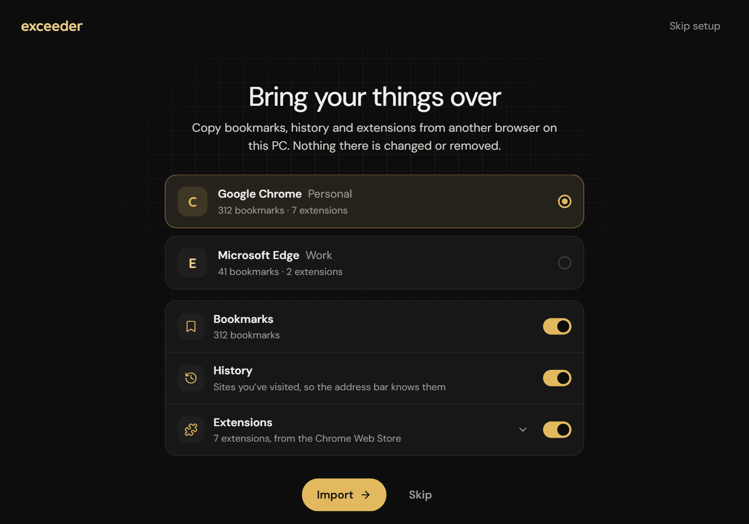 exceeder setup: choosing what to bring over from Google Chrome
