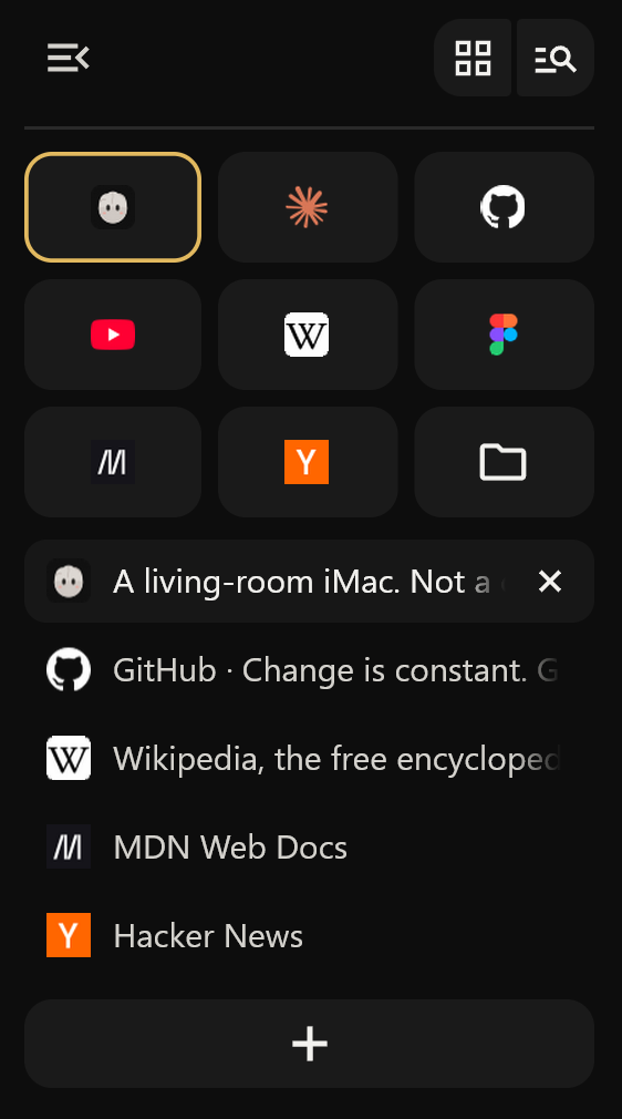 exceeder’s sidebar: favorites as tiles, the open one ringed in gold, and tabs below